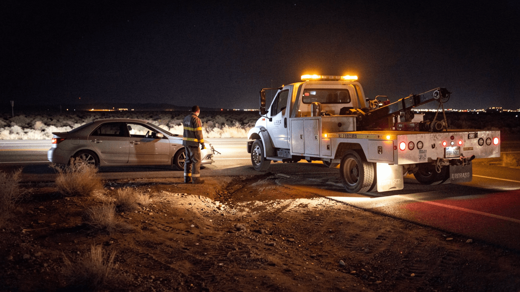 Tow truck lights visible while helping a stranded vehicle at night
