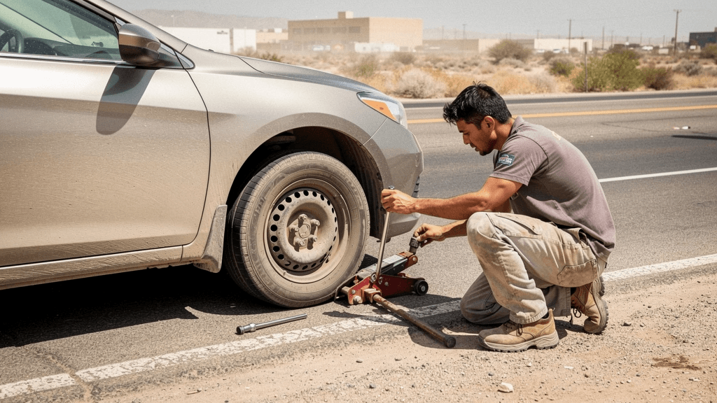 Technician changing a flat tire on the shoulder of a road