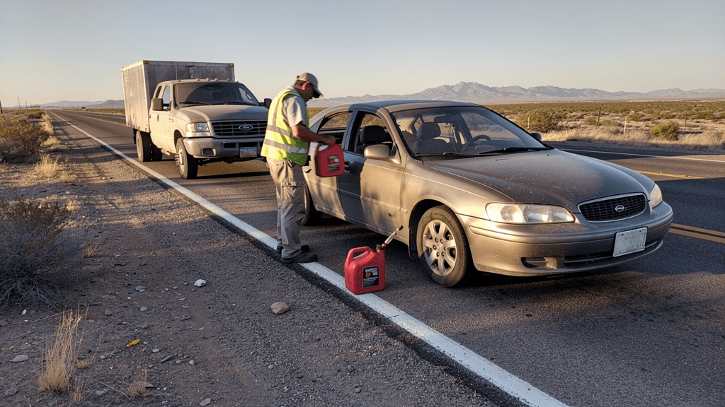 Roadside fuel delivery being prepared beside a vehicle