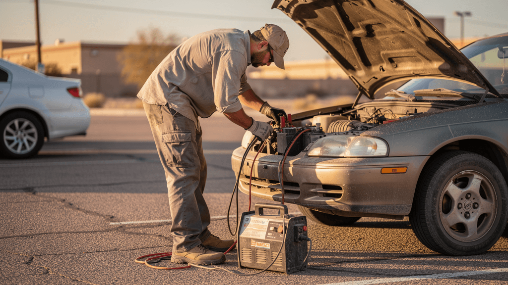 Roadside technician connecting jumper cables to a vehicle battery